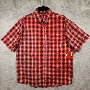 Case IH Button Down Mens Large Red Plaid Short Sleeve IH Logo Hidden